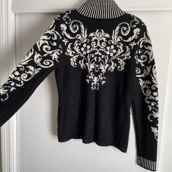 Icelandic Design Floral Cardigan Sweater Wool Full Zip Size S  Black Tan Nordic - Picture 12 of 16